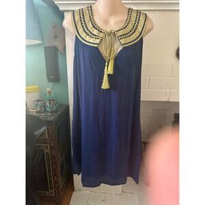 JULIE BROWN NAVY W/ GOLD RAYON METALLIC NECKLINE DRESS W/ POCKETS S BOHO CLASSIC